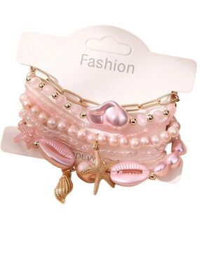 BOHEMIAN PINK MULTI SHELL STARFISH BEAD 7 Strand Stackable BRACELET